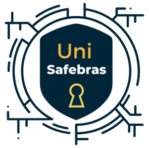 Logo da Universidade Corporativa da Safebras, tem conexão de tecnologia, brasão azul e fechadura amarela